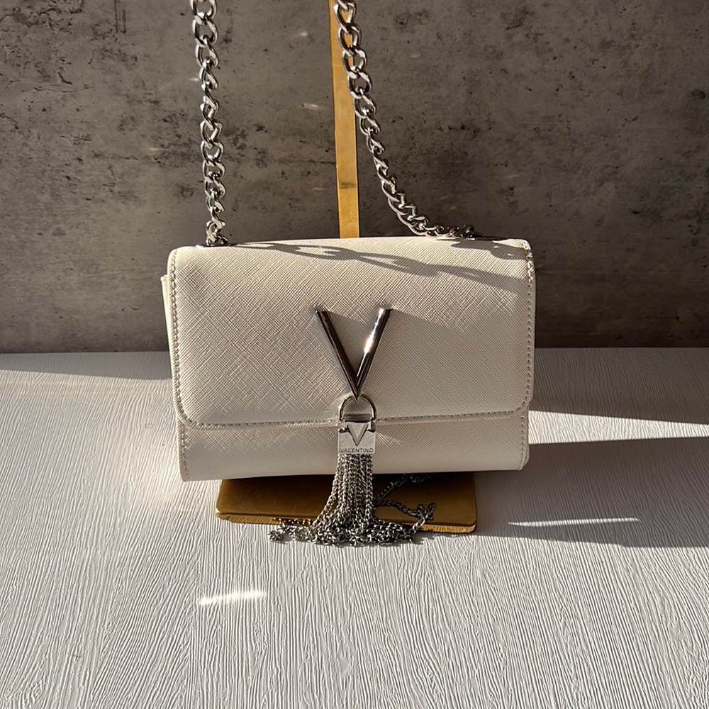 Valentino Bags Divina fold over tassel detail crossbody bag in White